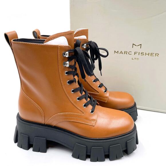Marc Fisher Happy Lug Boots Platform Brown Leather Lace Up Ankle Combat Sz 6.5 - Picture 1 of 10